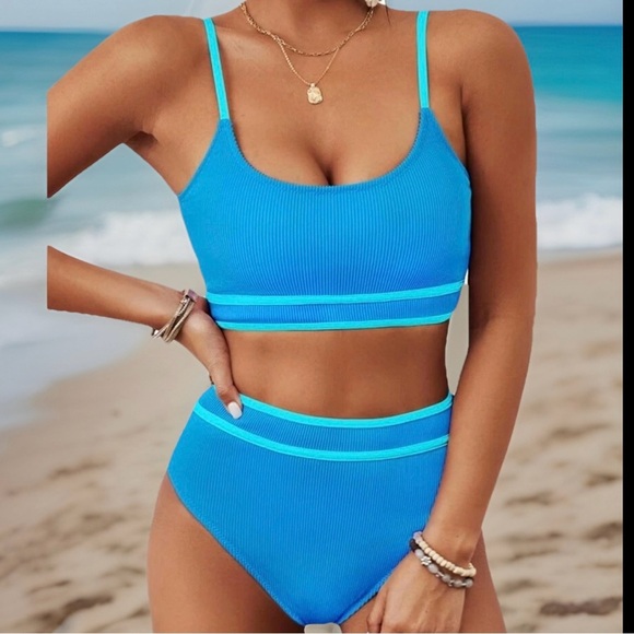 BMJL Womens S Blue Two-Piece Ribbed Swimsuit With Scoop Neck & Adjustable Straps - Picture 2 of 7